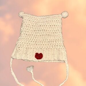 Handmade Cream Knit Kids Hat with Red Heart